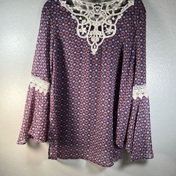 Como Vintage Womens Lace Blouse Bell Sleeve Keyhole Sheer Purple Orange Medium - Picture 6 of 10
